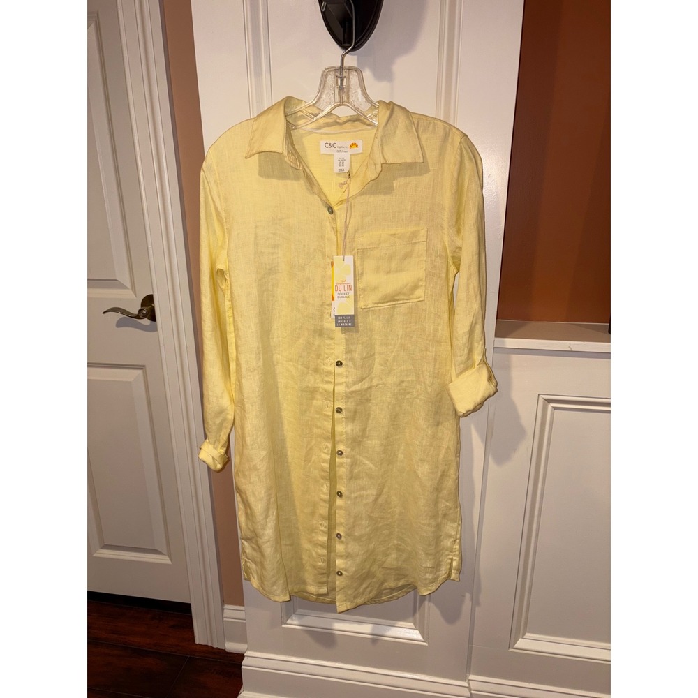 C&C California Yellow Long Sleeve Button-Front Linen Dress